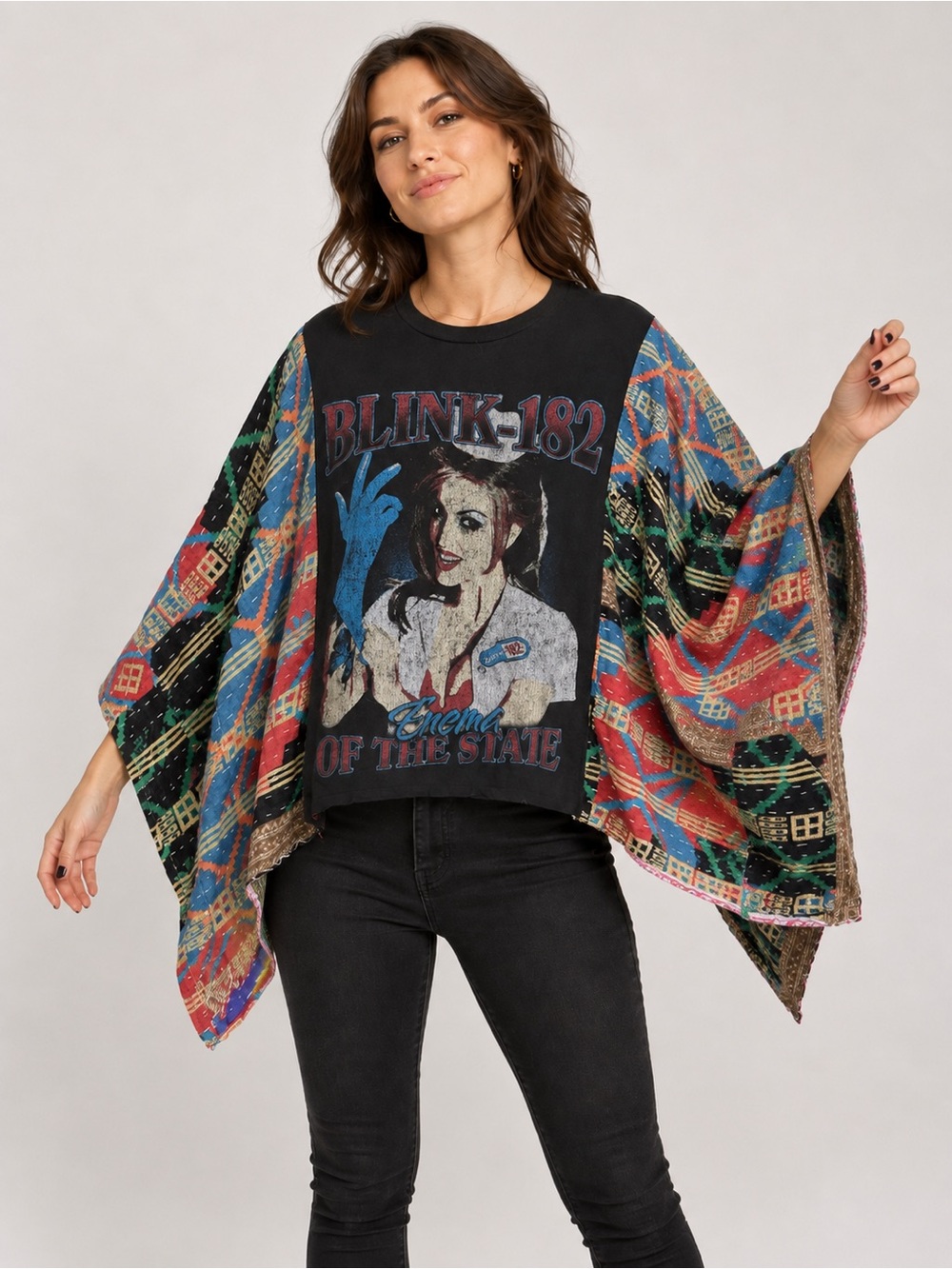 Blink-182 Graphic Tee Kantha Panel Poncho Top Alternative Streetwear. Handmade